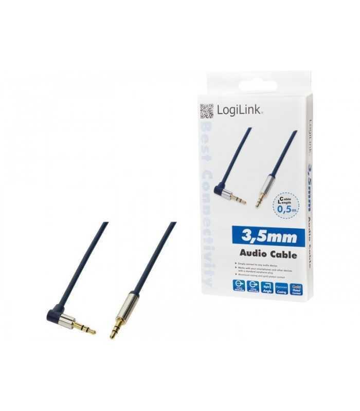 Cablu audio stereo 90 grade Jack 3.5 mm 0.5m tata-tata aurit albastru inchis carcasa aluminiu LOGILINK CA11050
