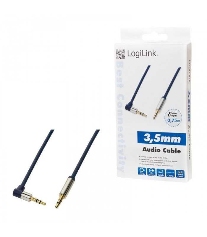 cablu audio stereo 90 grade jack 35 mm 075m tata tata aurit albastru inchis carcasa aluminiu logilink ca11075 1