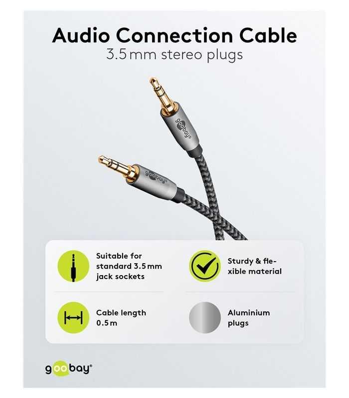 Cablu Audio Stereo Aux Jack 35 Mm Tata Tata 05m Premium Extrem De Flexibil Textil Negru Goobay Plus 65272
