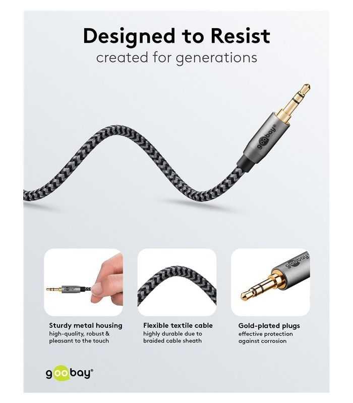 Cablu Audio Stereo Aux Jack 35 Mm Tata Tata 05m Premium Extrem De Flexibil Textil Negru Goobay Plus 65272
