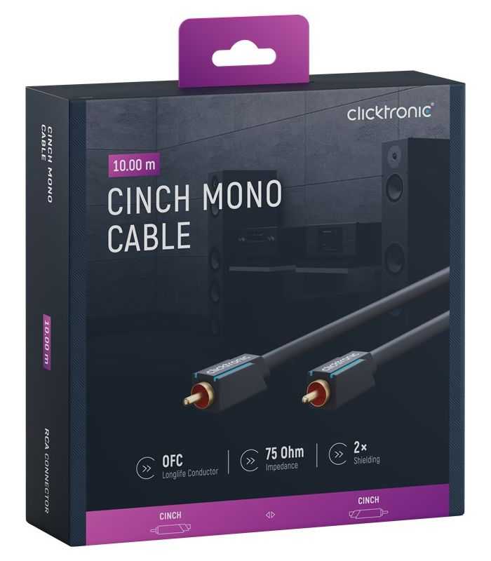 Cablu audio-video Profesional 1x RCA tata-tata 10m 75ohm OFC cupru dublu ecaranat AWG24 aurit Clicktronic 70449
