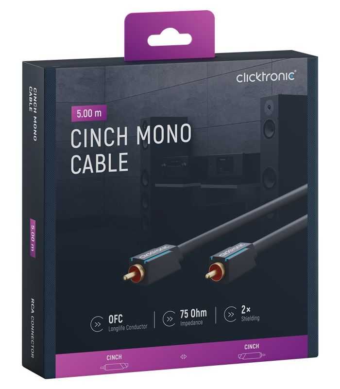 Cablu audio-video Profesional 1x RCA tata-tata 5m 75ohm OFC cupru dublu ecaranat AWG24 aurit Clicktronic 70447