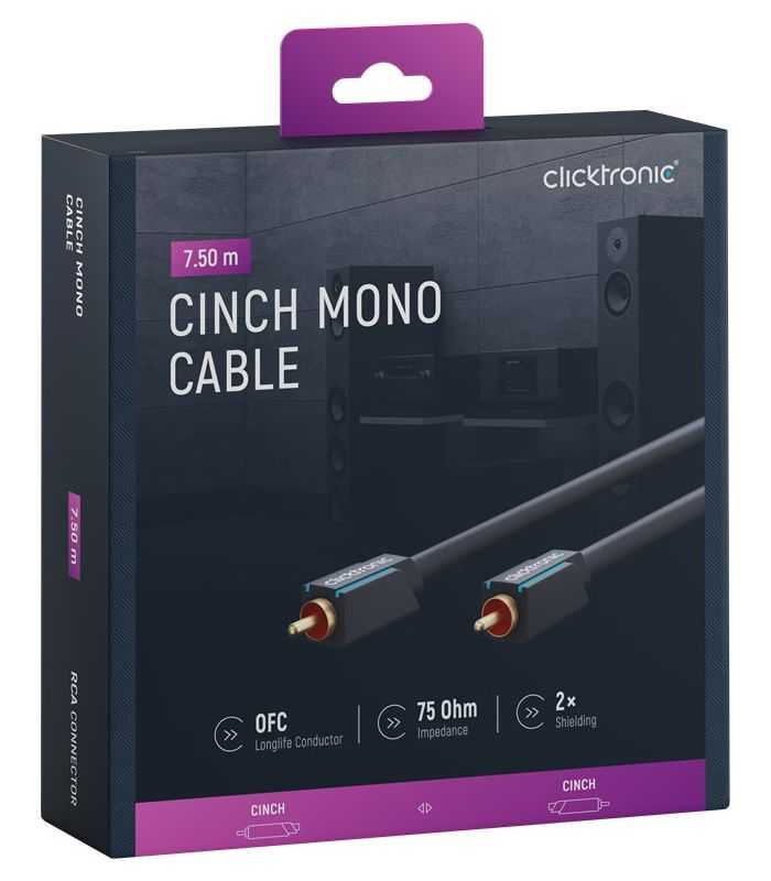 Cablu audio-video Profesional 1x RCA tata-tata 7.5m 75ohm OFC cupru dublu ecaranat AWG24 aurit Clicktronic 70448