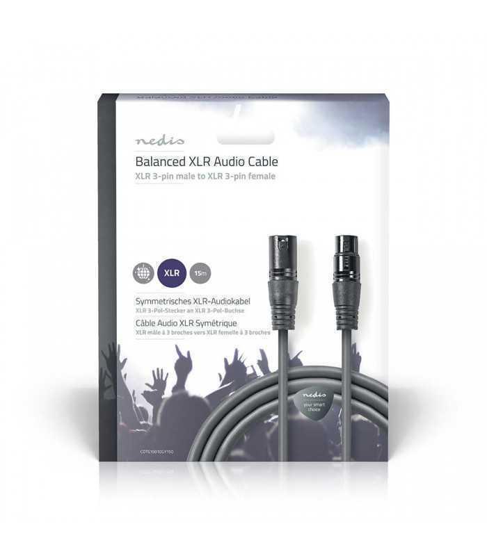 Cablu Balansat Audio XLR 3 Pini tata - XLR 3 Pini mama 15m Gri Nedis