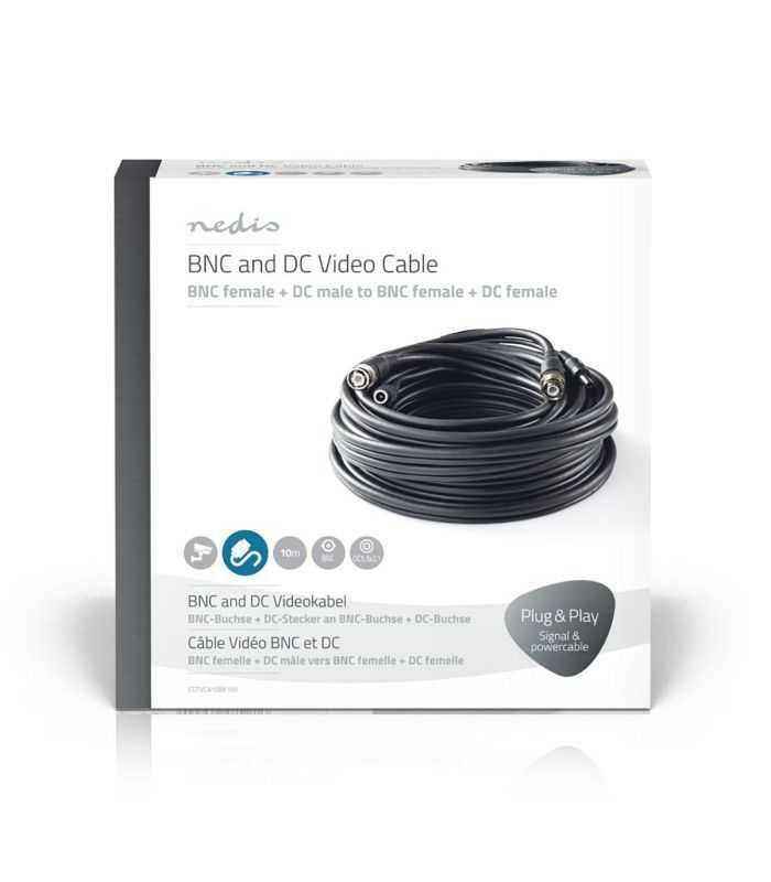 Cablu Coaxial De Securitate Bnc Dc 21x55mm Cctv Rg59 10m Conectori Preasamblati Nedis Cctvca10bk100