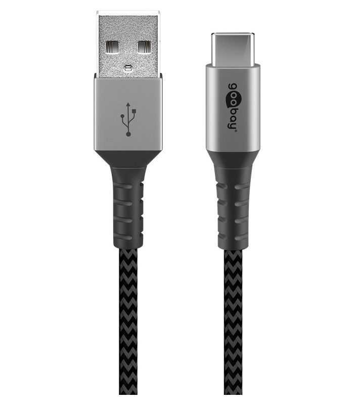 Cablu De Date Si Incarcare Usb A Usb Type C 2m Gri Argintiu Textil Flexibil Goobay 49297