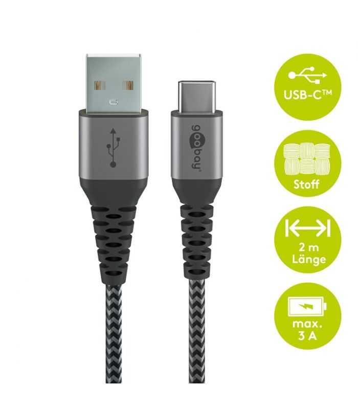 Cablu de date si incarcare USB A - USB type C 2m gri/argintiu textil flexibil Goobay 49297