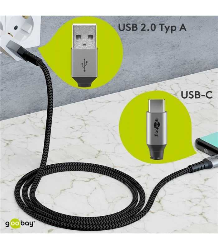 cablu de date si incarcare usb type c 1m 3a gri argintiu textil flexibil goobay 49296 8