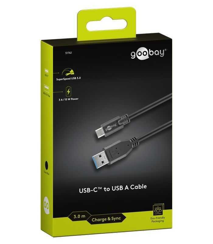 cablu de incarcare si sincronizare usb 30 usb type c 3m 3a 15w negru goobay 3
