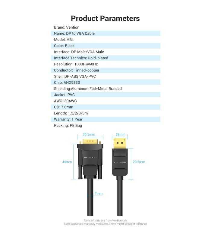 Cablu Displayport Vga 2m 1080p 60hz 30awg Aurit Negru Vention Hblbh