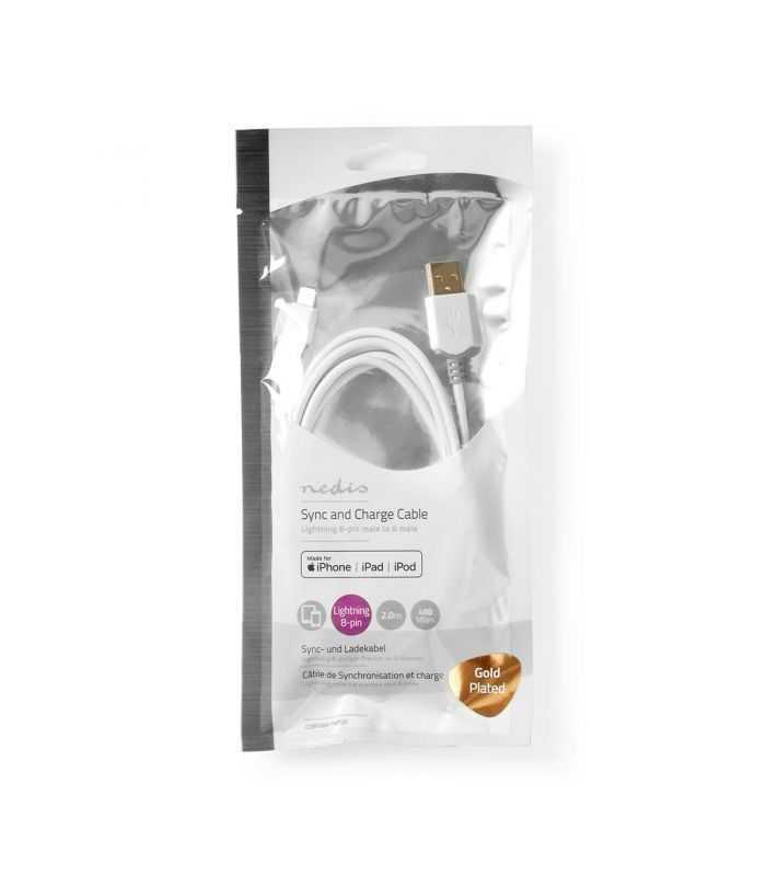 cablu incarcator date apple lightning 8 pini usb a tata aurit 2m 24a alb nedis 2