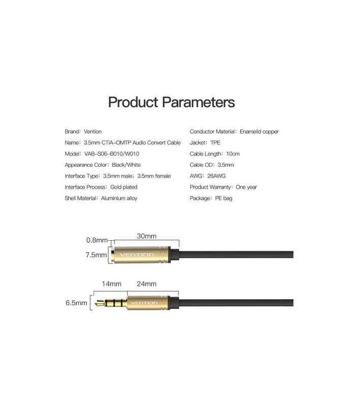 Cablu Jack 35 Mm 4 Pin Socket Jack 35 Mm 4 Pin Plug 01m Negru Vention Vab S06 B010