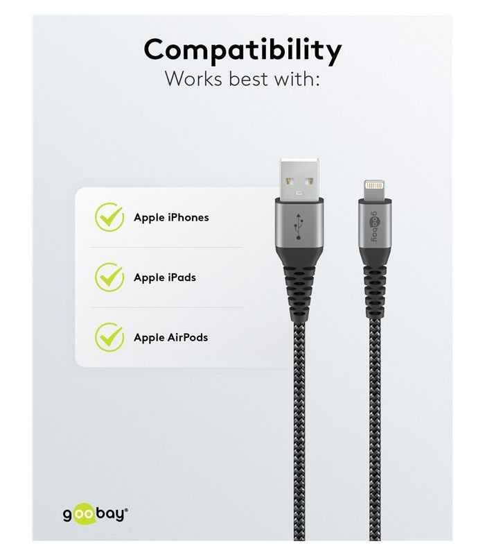 Cablu Lightning 8 Pini 05m Apple Mfi Certificat Conectori Metalici Robust Textil Argintiu Goobay 49267