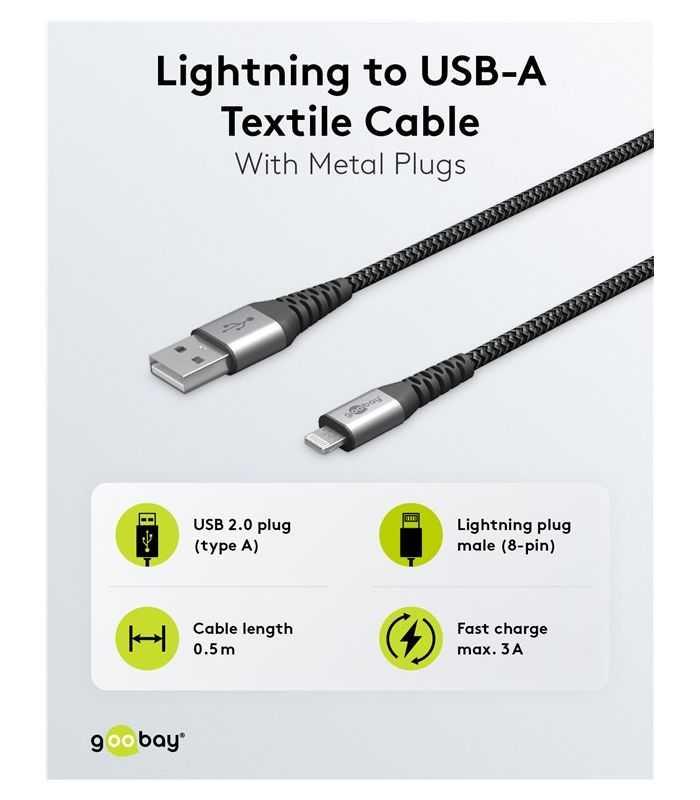 Cablu Lightning 8 Pini 05m Apple Mfi Certificat Conectori Metalici Robust Textil Argintiu Goobay 49267