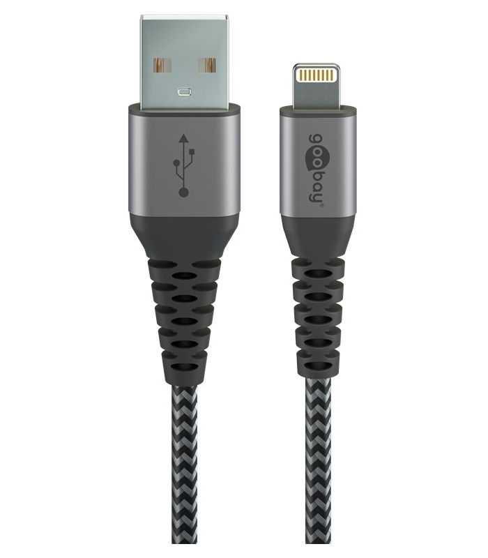 Cablu Lightning 8-Pini 0.5m Apple MFi certificat conectori metalici robust textil argintiu Goobay 49267