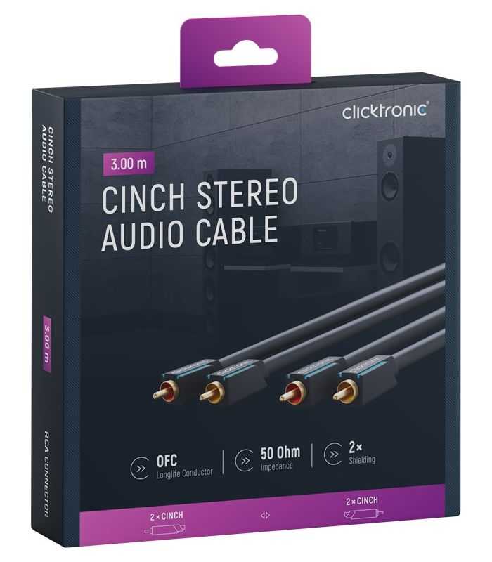 Cablu Profesional 2x RCA - 2x RCA 3m OFC cupru dublu ecaranat aurit Clicktronic 70380
