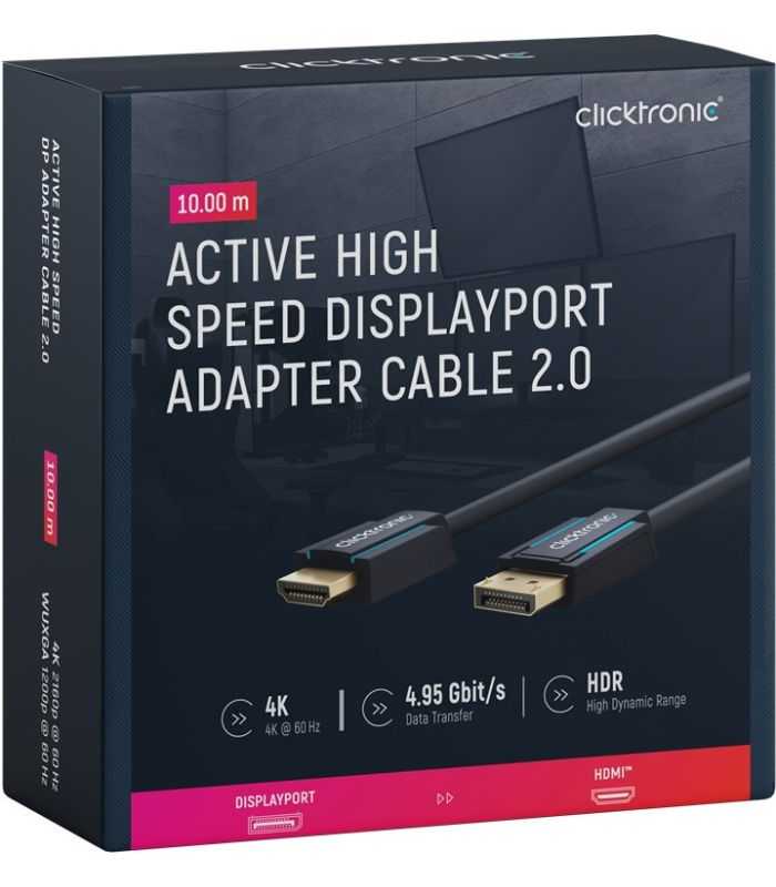 Cablu Profesional Clicktronic DisplayPort la HDMI 10m aurit v2.0 4K 60Hz 10.2Gbit/s AWG26 44927