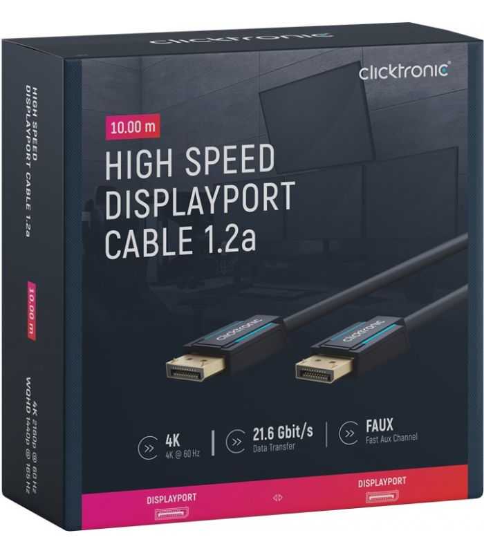 Cablu Profesional DisplayPort - DisplayPort 10m v1.2a 4K 60Hz 21.6Gbit/s AWG26 OFC Clicktronic 70715