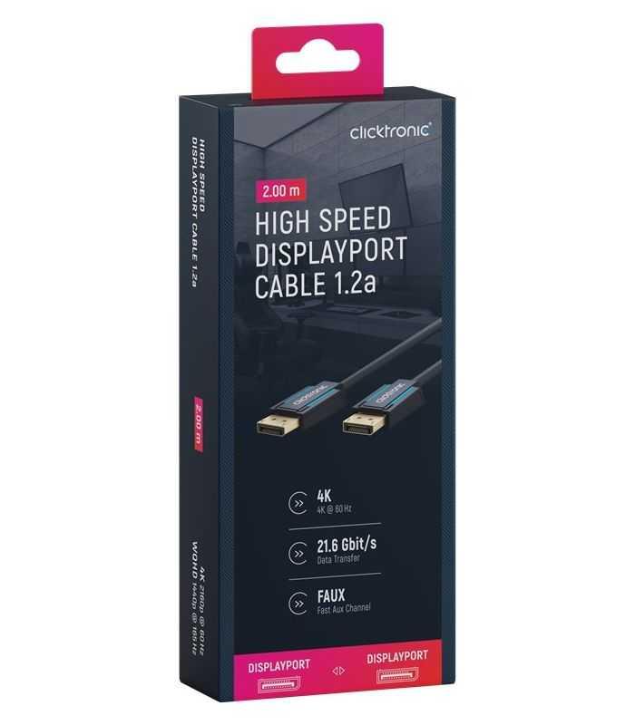 Cablu Profesional DisplayPort - DisplayPort 2m v1.2a 4K 60Hz 21.6Gbit/s AWG26 OFC Clicktronic 70711