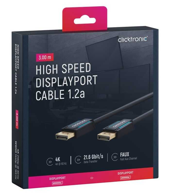 Cablu Profesional DisplayPort - DisplayPort 3m v1.2a 4K 60Hz 21.6Gbit/s AWG26 OFC Clicktronic 70712