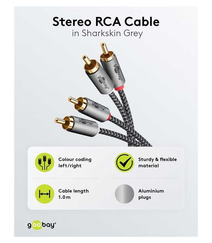 Cablu Stereo 2x Rca Tata Tata 1m Premium Extrem De Flexibil Textil Negru Goobay Plus 65292