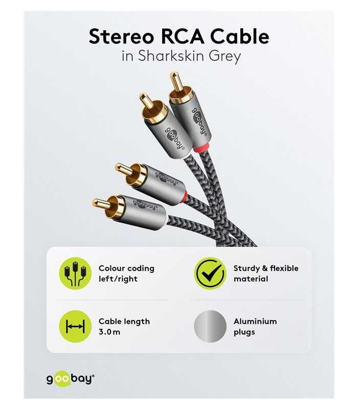 Cablu Stereo 2x Rca Tata Tata 3m Premium Extrem De Flexibil Textil Negru Goobay Plus 65294