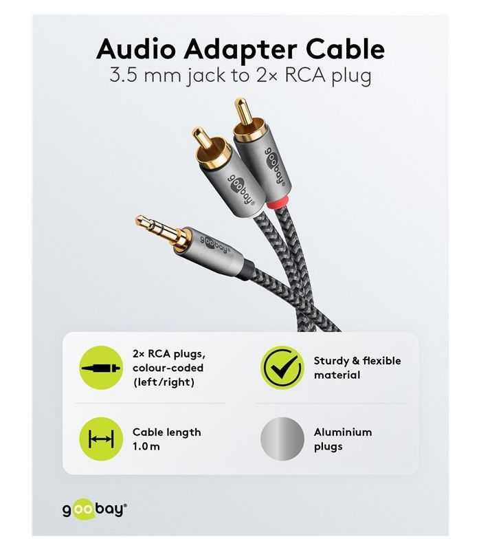 Cablu Stereo Premium Extrem De Flexibil Textil 1m Jack 35 Mm Tata 2x Rca Tata Negru Goobay Plus 65285