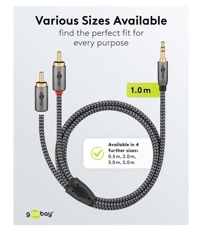 Cablu Stereo Premium Extrem De Flexibil Textil 1m Jack 35 Mm Tata 2x Rca Tata Negru Goobay Plus 65285