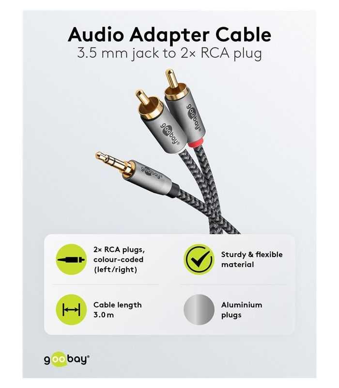 Cablu Stereo Premium Extrem De Flexibil Textil 3m Jack 35 Mm Tata 2x Rca Tata Negru Goobay Plus 65289