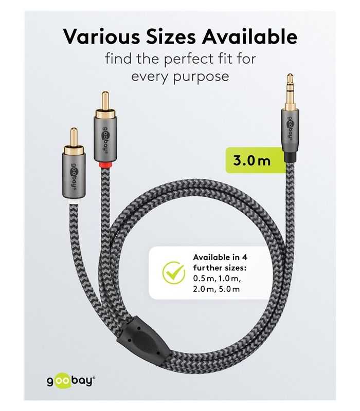 Cablu Stereo Premium Extrem De Flexibil Textil 3m Jack 35 Mm Tata 2x Rca Tata Negru Goobay Plus 65289