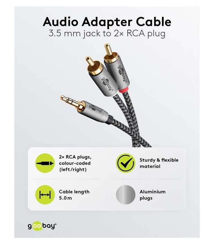 Cablu Stereo Premium Extrem De Flexibil Textil 5m Jack 35 Mm Tata 2x Rca Tata Negru Goobay Plus 65290