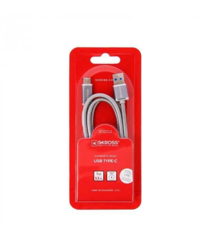 Cablu USB 2 in 1 cu conector USB Type C argintiu 1m protectie metalica Steel Line Skross