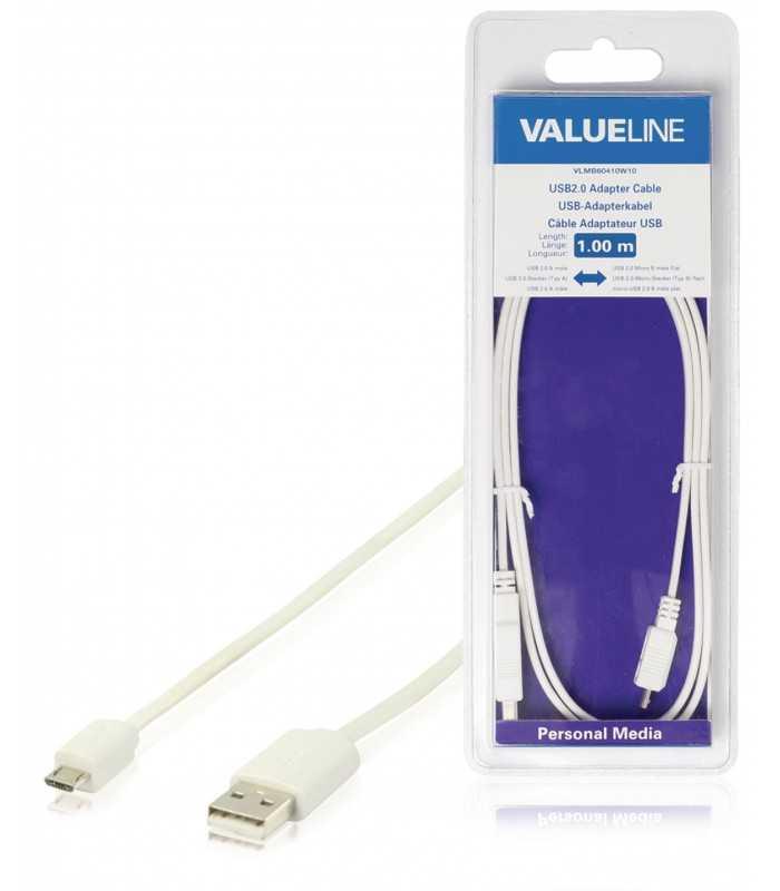 Cablu USB 2.0 USB A tata - micro USB B tata plat 1m alb Valueline