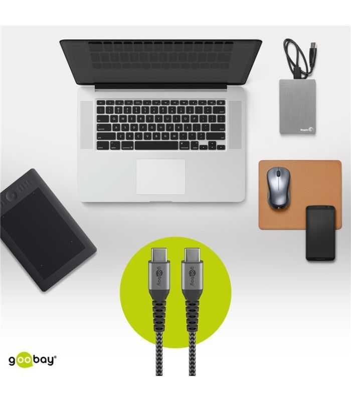 Cablu Usb Type C Usb Type C 2m Max 20v 3a 60w Gri Argintiu Textil Goobay 49303