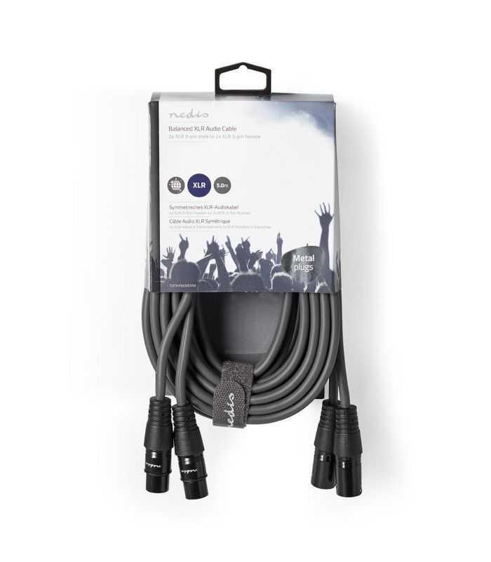 cablu xlr nedis xlr 2x 3 pin tata 2x xlr 3 pin mama 5m gri 3