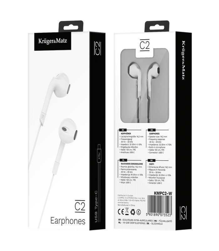 Casti In Ear Cu Microfon Krugermatz Kmpc2 W Albe Conector Usb Type C