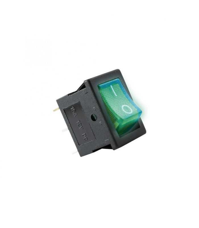 Comutator basculant 1 circuit 2 pozitii 12V 15A cu bec verde incastrare 19x13mm HOME