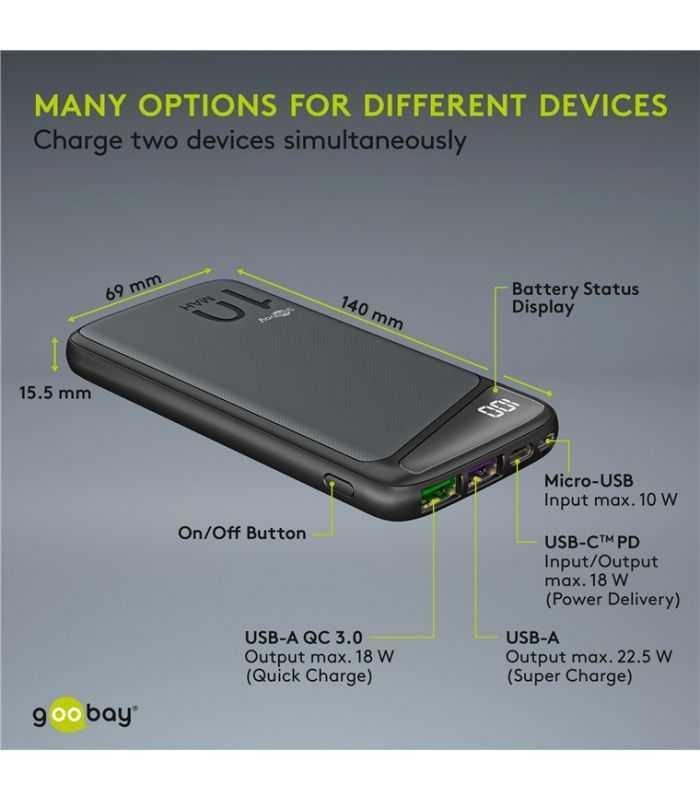 Fast Charge Power Bank Acumulator Extern 10000mah Usb Type C Pd Qc 30 Goobay