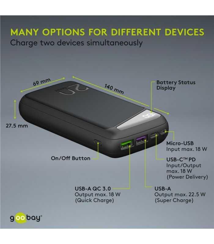 Fast Charge Power Bank Acumulator Extern 20000mah Usb Type C Pd Qc 30 Goobay