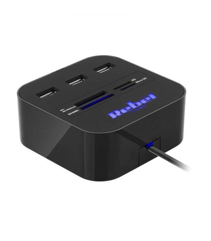 HUB 3x USB 2.0 cititor card SD/MICROSD cablu 50cm REBEL