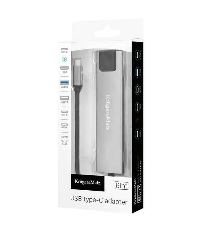 Hub 6in1 Usb Type C Hdmi V14 3840x2160px 30hz 2x Usb30 20 2x Usb Type C Rj45 Krugermatz