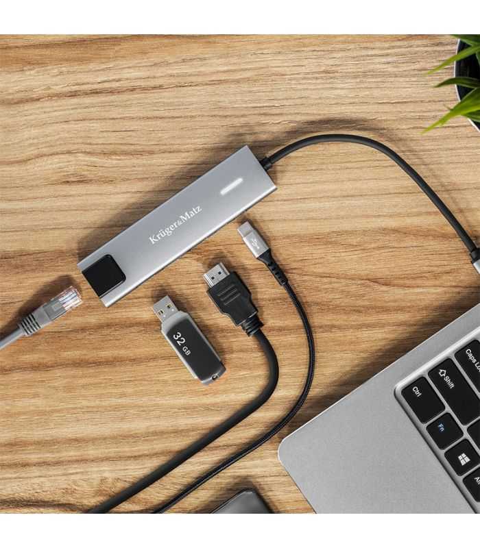 Hub 6in1 Usb Type C Hdmi V14 3840x2160px 30hz 2x Usb30 20 2x Usb Type C Rj45 Krugermatz