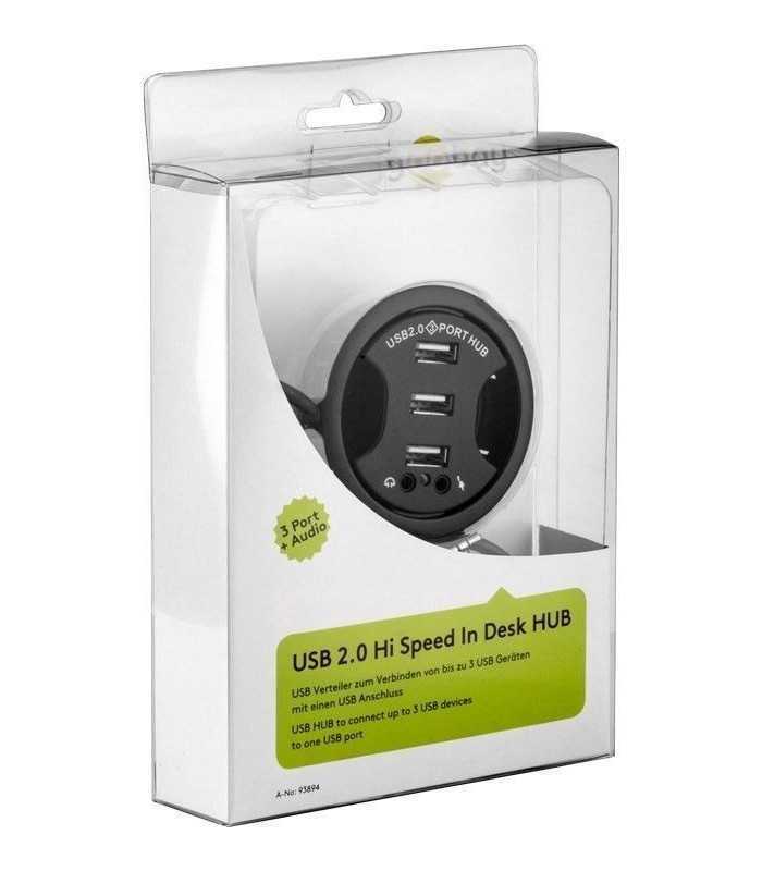 hub usb 20 cu 3 porturi audio montabil in birou negru goobay 1