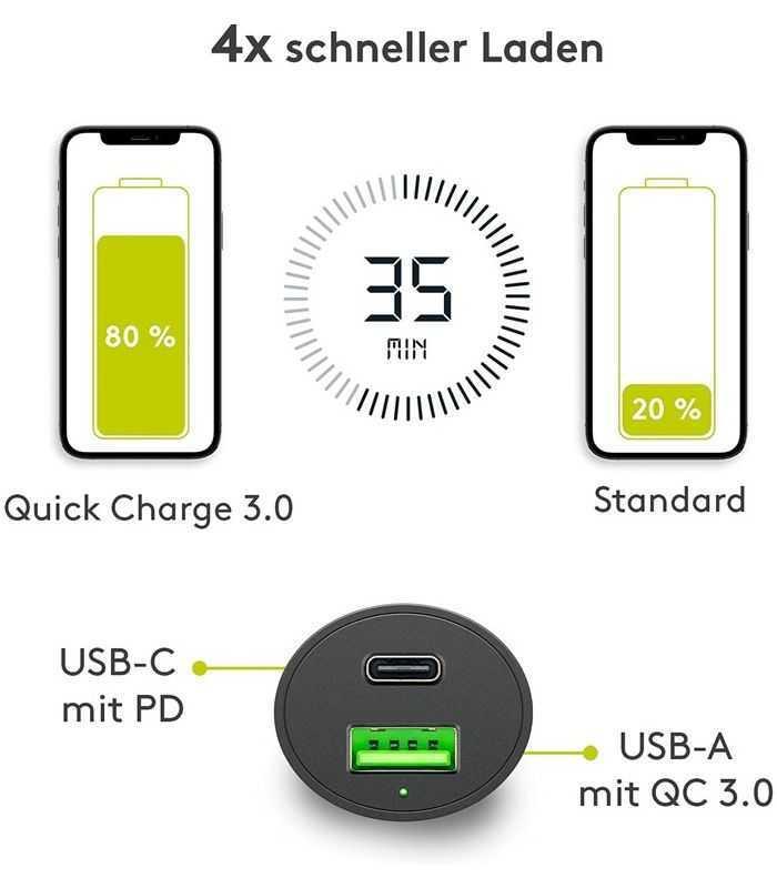 incarcator 12 24v auto rapid dublu usb si usb type c pd 3a 48w goobay 1