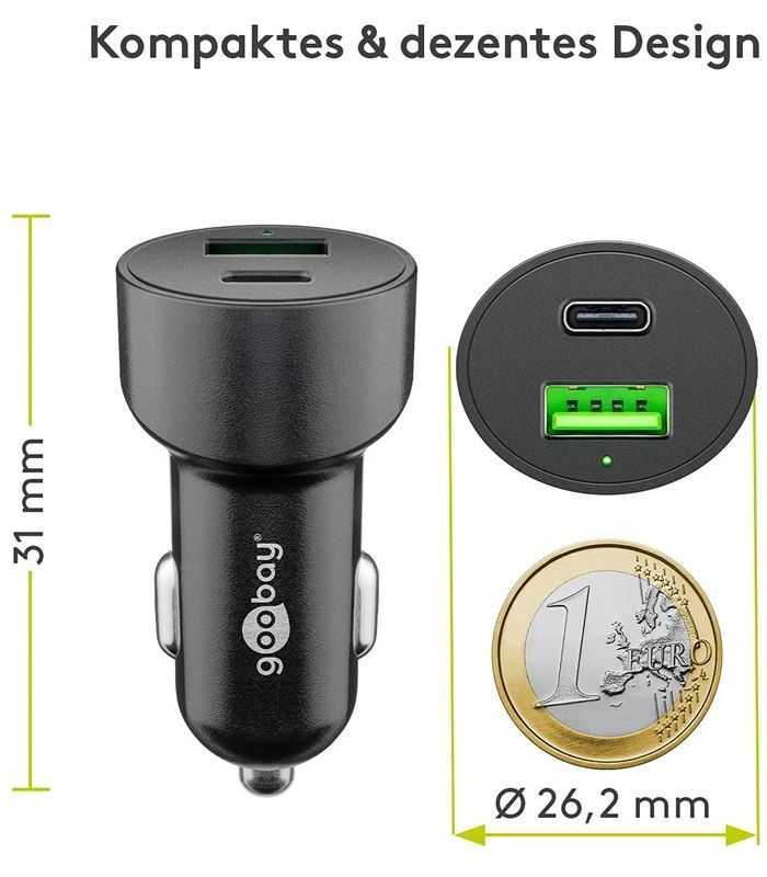 incarcator 12 24v auto rapid dublu usb si usb type c pd 3a 48w goobay 2