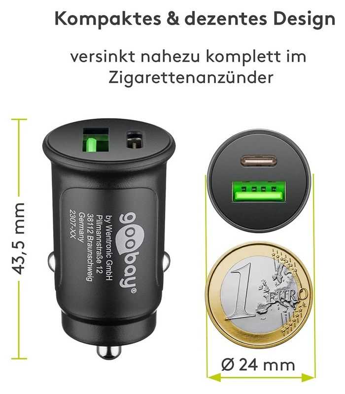 Incarcator Auto 12 24v Bricheta Dual Usb A Qc30 Usb Type C Fast Charger Pd 30w 55634 Goobay