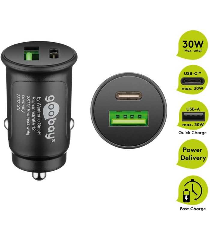 Incarcator auto 12/24V bricheta - DUAL USB A QC3.0/USB TYPE C FAST CHARGER PD 30W 55634 Goobay