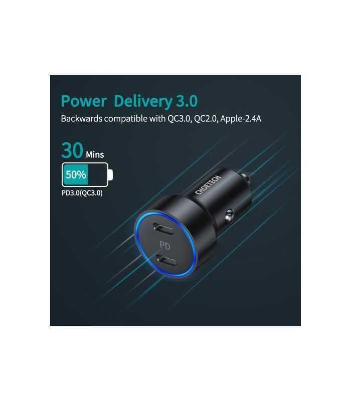 incarcator auto 2x usb type c pd 30 36w choetech c0054 2