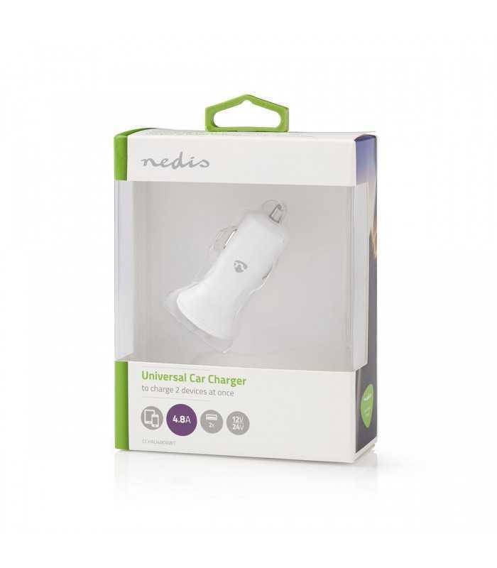 Incarcator auto bricheta cu 2 iesiri USB A 4.8A alb Nedis