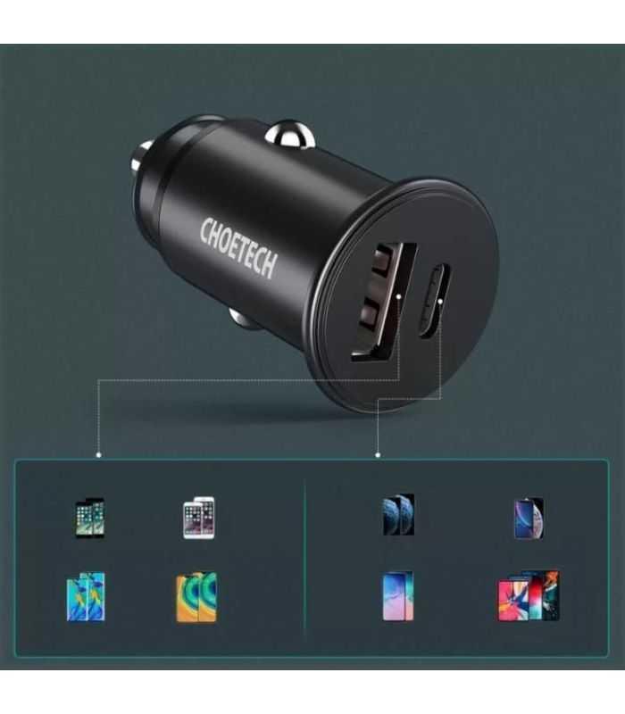 Incarcator Auto Choetech Tc0006 V2 1x Usb Type C 1x Usb A 30w Qc 30 Power Delivery Negru